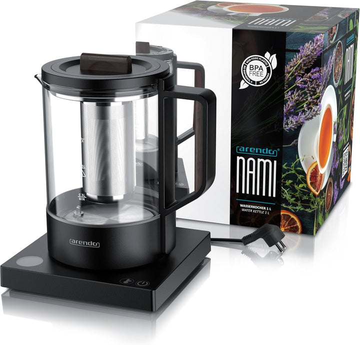 Arendo - Glas Wasserkocher mit Temperatureinstellung - Edelstahl Teekocher 1 Liter – Integriertes Te