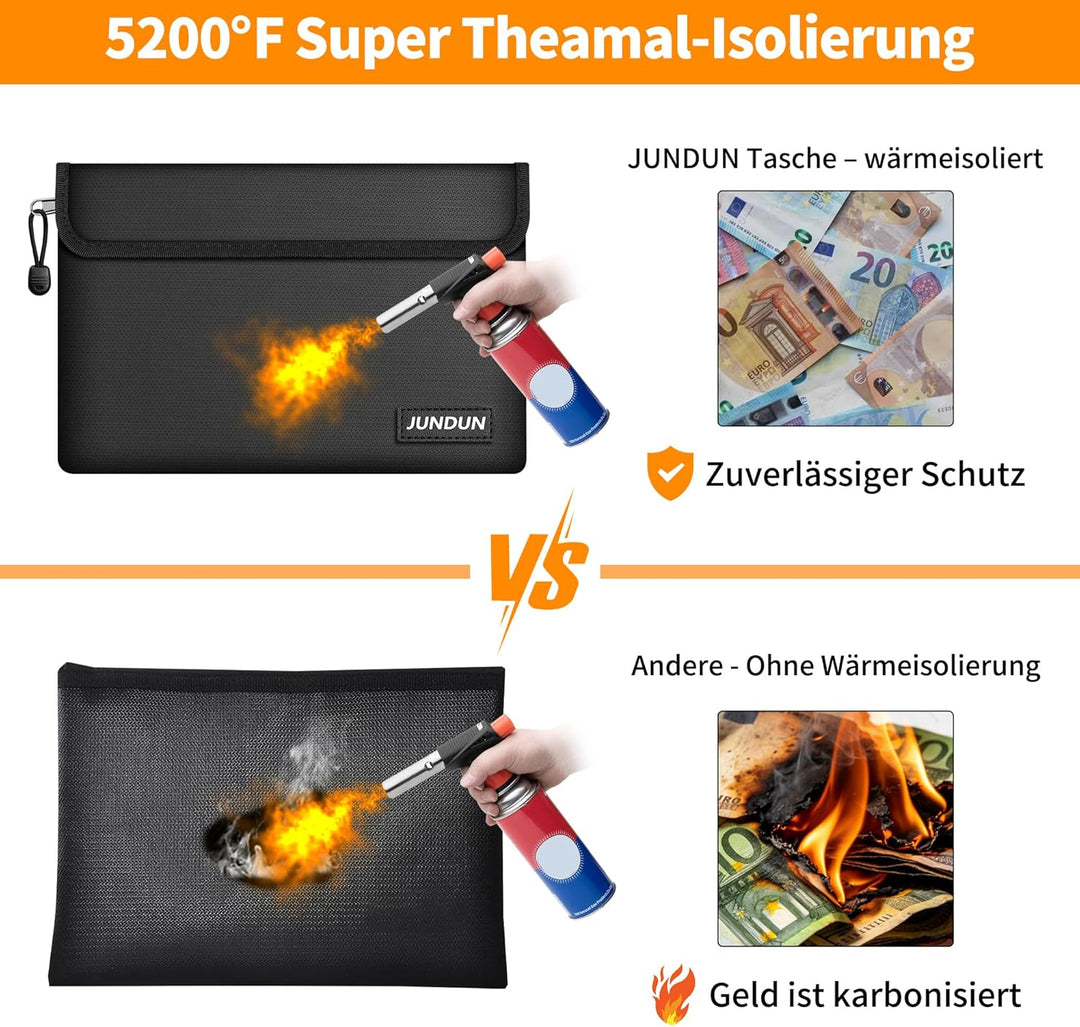 JUNDUN Feuerfeste Dokumententasche (27x17cm, 5200°F), 8-lagig verdickte wasserdichte und feuerfeste