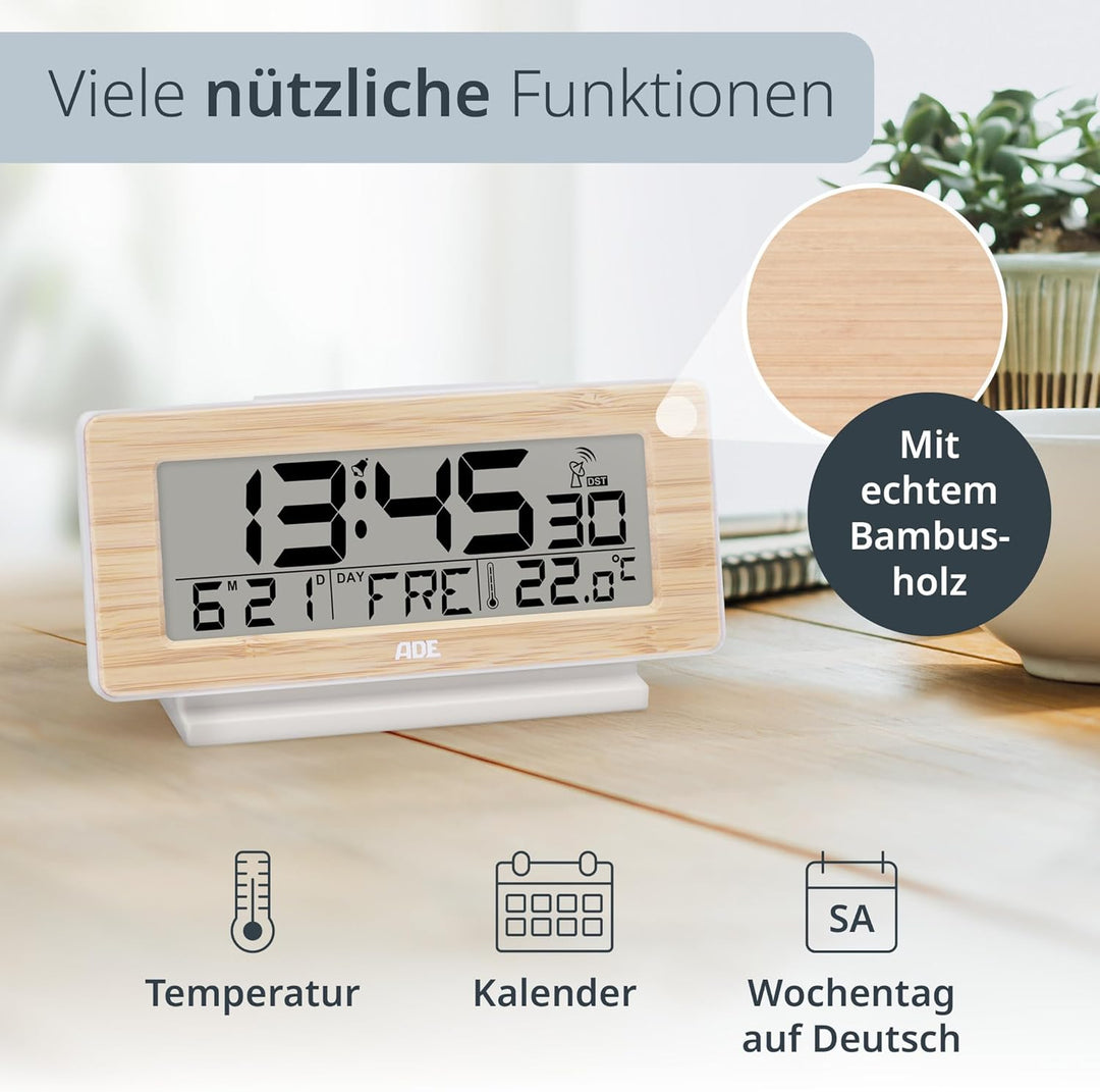 ADE Funkwecker digital mit Batterie | Tischuhr mit Temperaturanzeige und Kalender | Gehäusefront aus