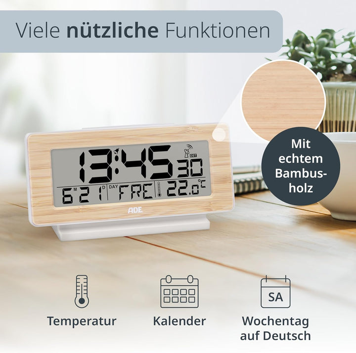 ADE Funkwecker digital mit Batterie | Tischuhr mit Temperaturanzeige und Kalender | Gehäusefront aus