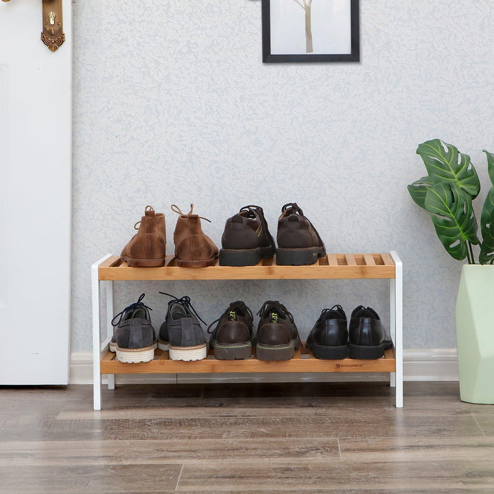 SONGMICS Schuhregal aus Bambus, Schuhablage mit 2 Ebenen, Schuh-Organizer, Regal für Schuhe, Pflanze
