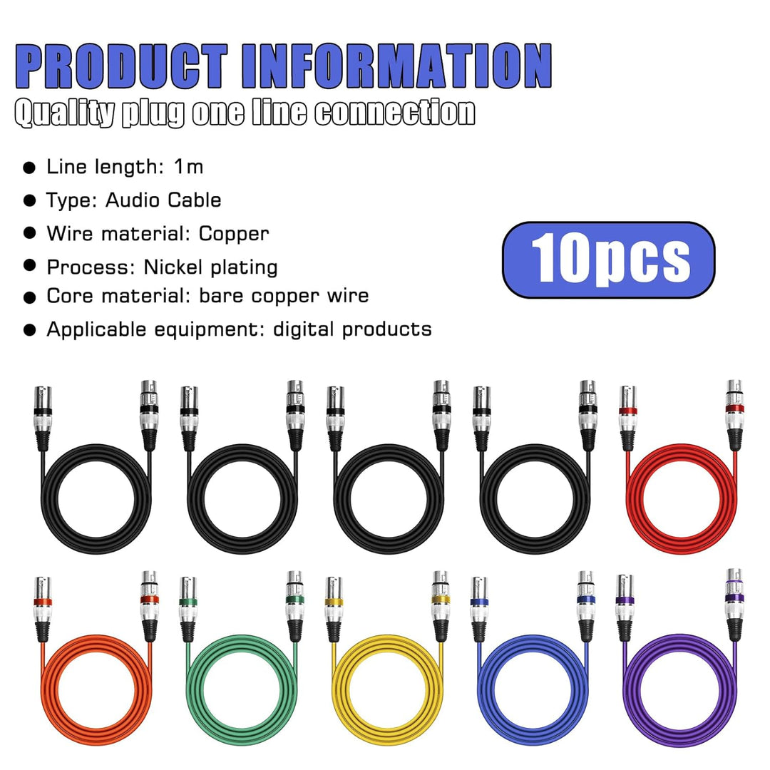 10 Pack XLR Kabel, 1m Mikrofonkabel XLR-Kabel, DMX Kabel, 3-Pin Mikrofon XLR Signal Cable Connection