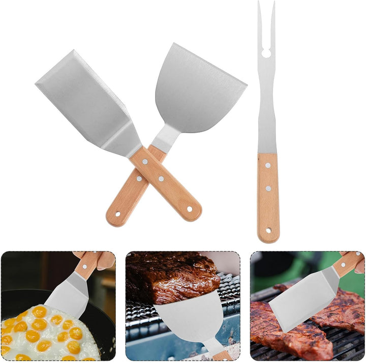 Grillbesteck Leichtem Design 3 Stück aus Edelstahl und Holz mit Multifunktionalem Spatelwender Geeig