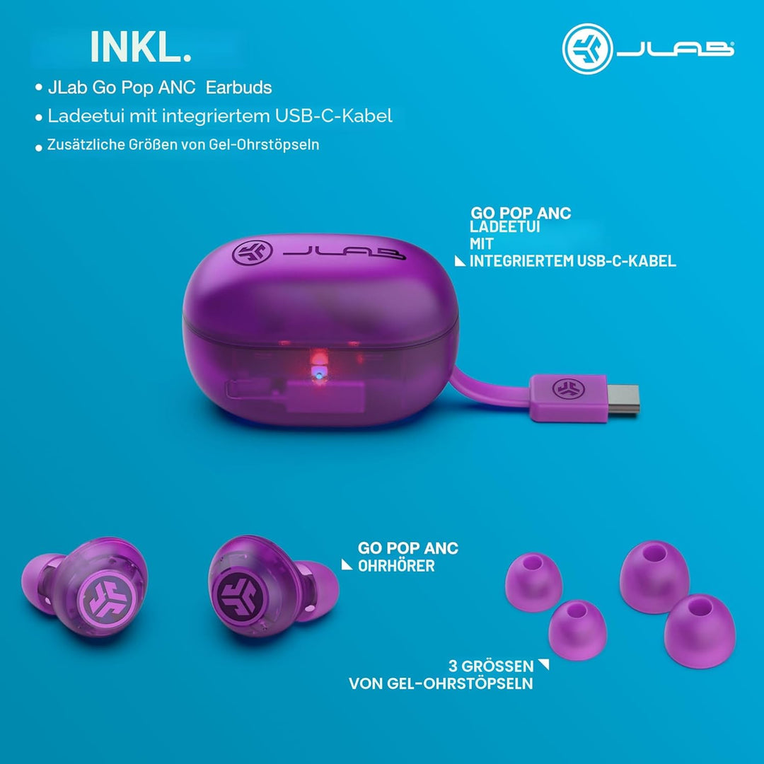 JLab Go Pop ANC In Ear Kopfhörer Bluetooth, Active Noise Cancelling kabellose Kopfhörer 24+ Std. Spi