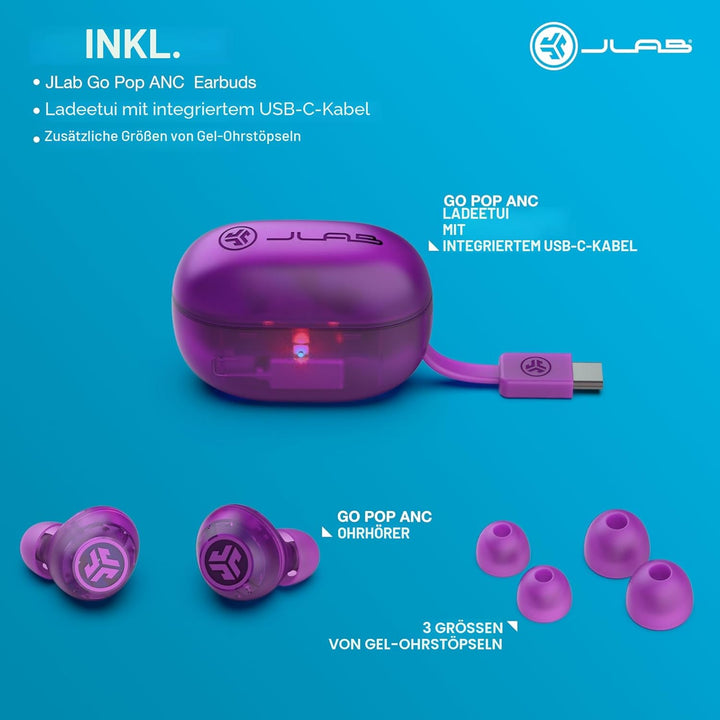 JLab Go Pop ANC In Ear Kopfhörer Bluetooth, Active Noise Cancelling kabellose Kopfhörer 24+ Std. Spi