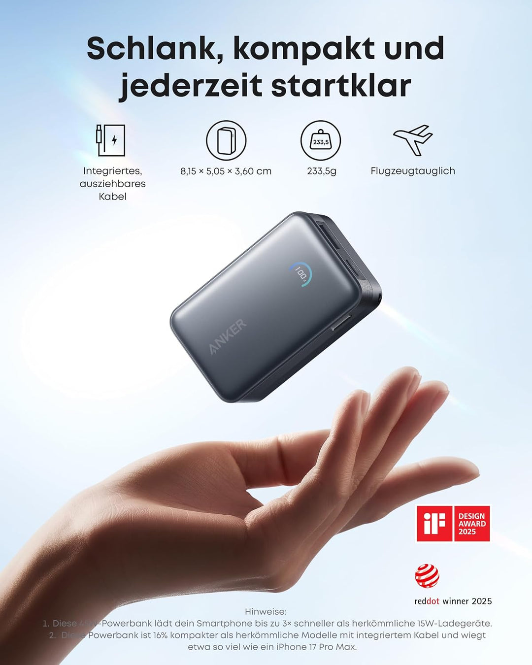 Anker Nano Powerbank,10.000mAh Externer Akku mit 70cm Anker InstaCord Einzugskabel, 45W Max Kompakte