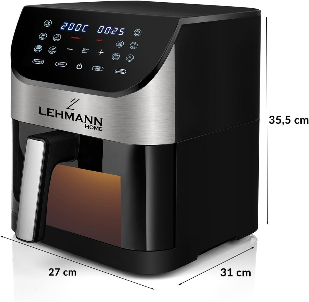 LEHMANN Heissluftfritteuse 6L mit Sichtfenster, 1500 W, Air Fryer mit 12 Programmen, Temperaturkontr