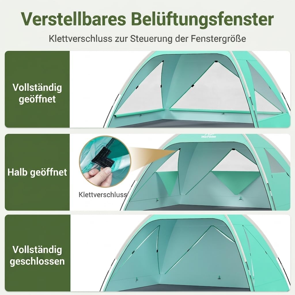 Wolfwise Strandmuschel UV Schutz, 3 Belüftungsfenster & Tragetasche, Strand Zelt mit erweiterbarem B