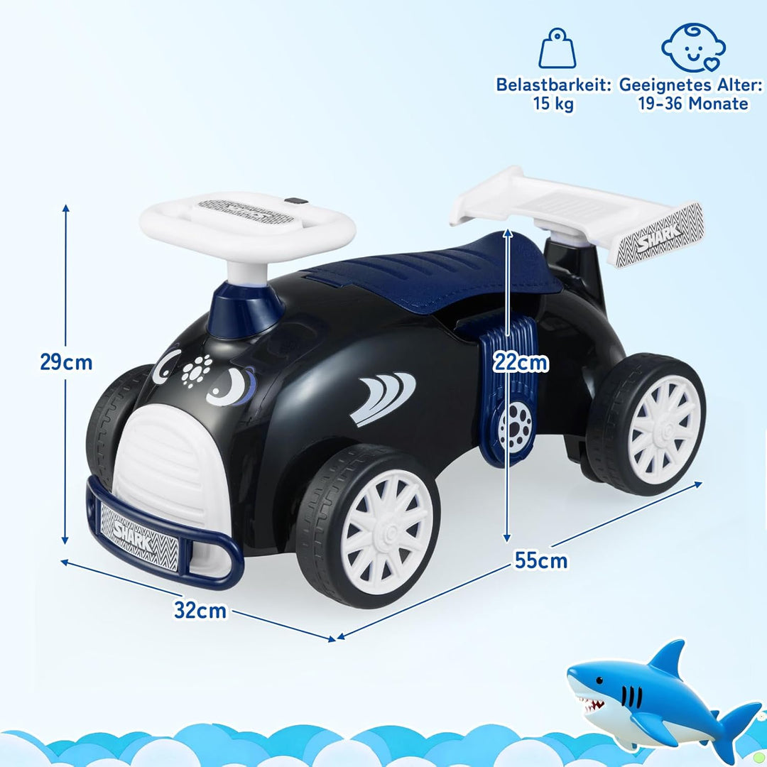 COSTWAY Rutschauto, Rutschfahrzeug im Hai-Design, Kinderfahrzeug mit Musik & Stauraum unter dem Sitz