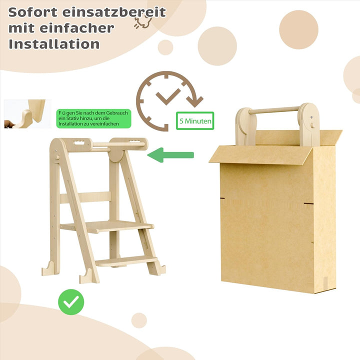 Klappbarer Toddler Tower Tritthocker, Höhenverstellbarer Kinderhocker mit Sicherheitsleiste & Rutsch