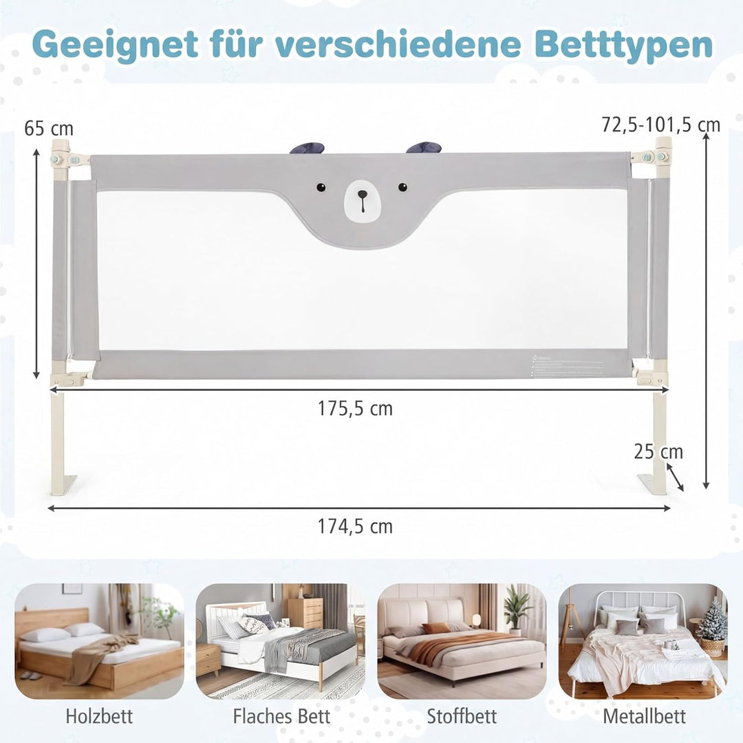 COSTWAY 175cm Bettgitter, 24 Stufen höhenverstellbares Babygitter mit doppeltem Verschluss & Reissve