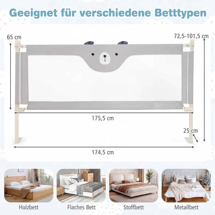 COSTWAY 175cm Bettgitter, 24 Stufen höhenverstellbares Babygitter mit doppeltem Verschluss & Reissve