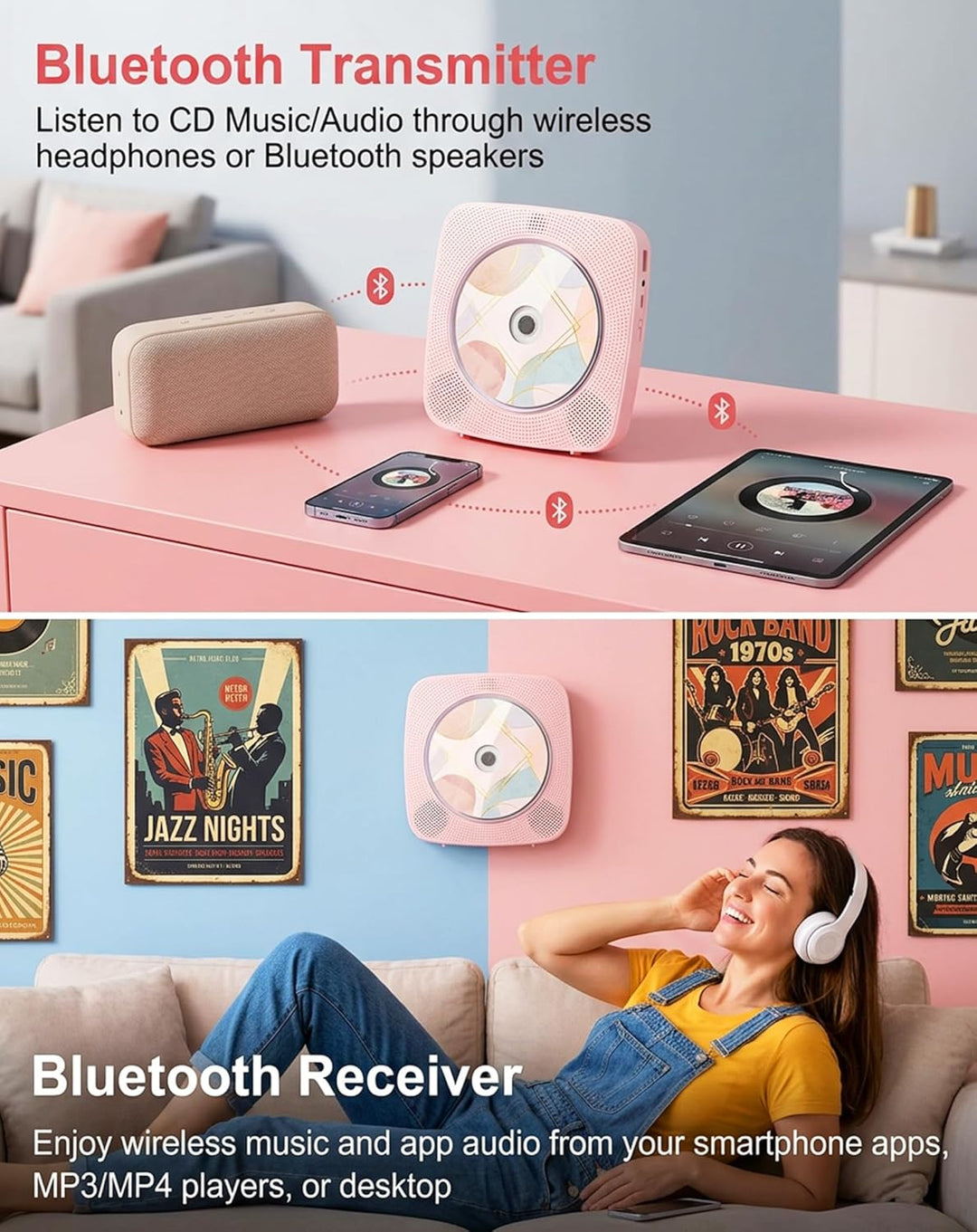CD Player Tragbar Bluetooth Radio mit CD-Player mit Lautsprecher Unterstützung USB & AUX-Wiedergabe