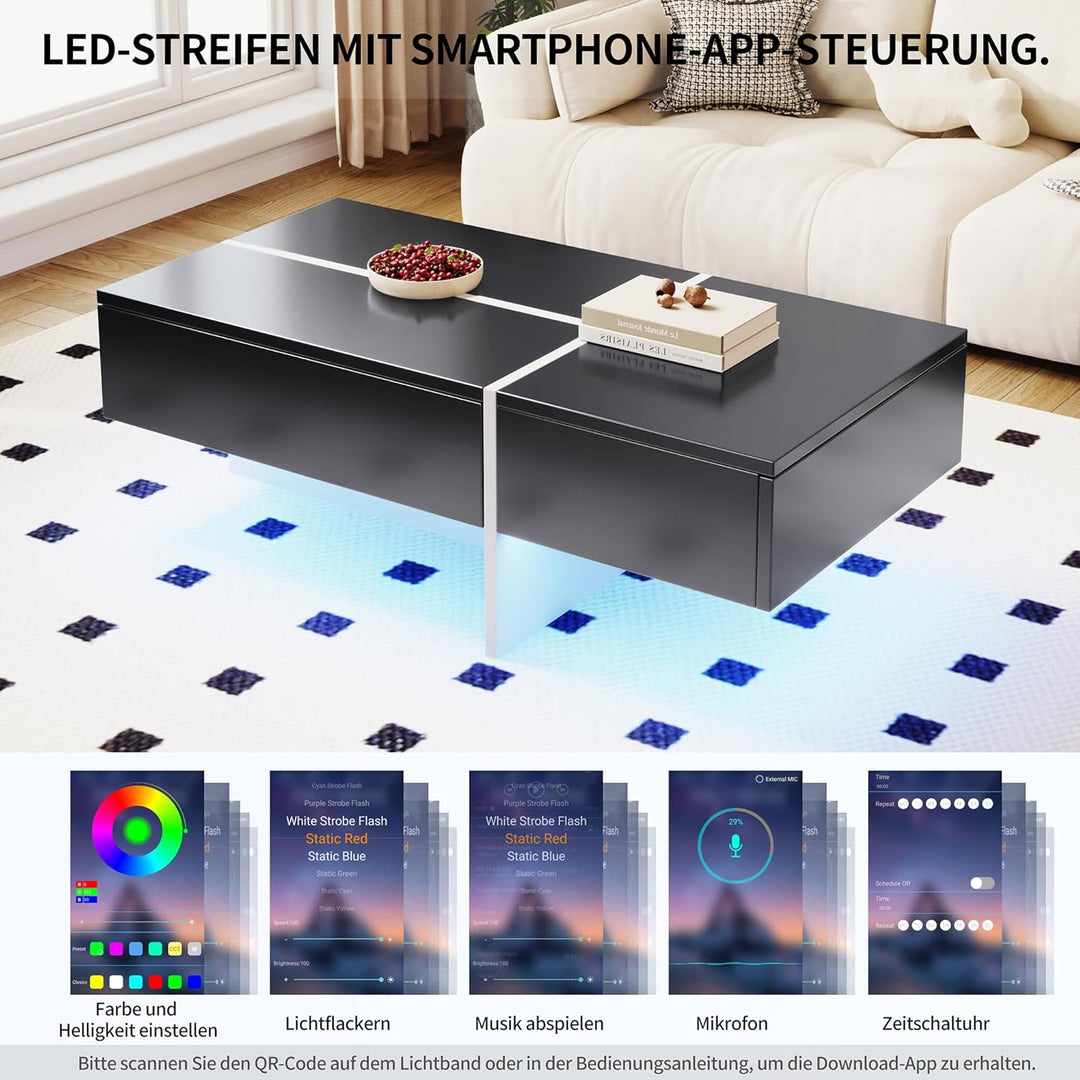 Merax Hochglänzender Couchtisch Wohnzimmermöbel Beistelltisch CoffeeTable mit LED 100x50x34.5cm Schw