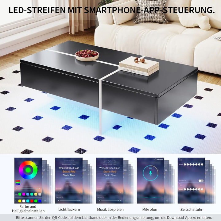 Merax Hochglänzender Couchtisch Wohnzimmermöbel Beistelltisch CoffeeTable mit LED 100x50x34.5cm Schw