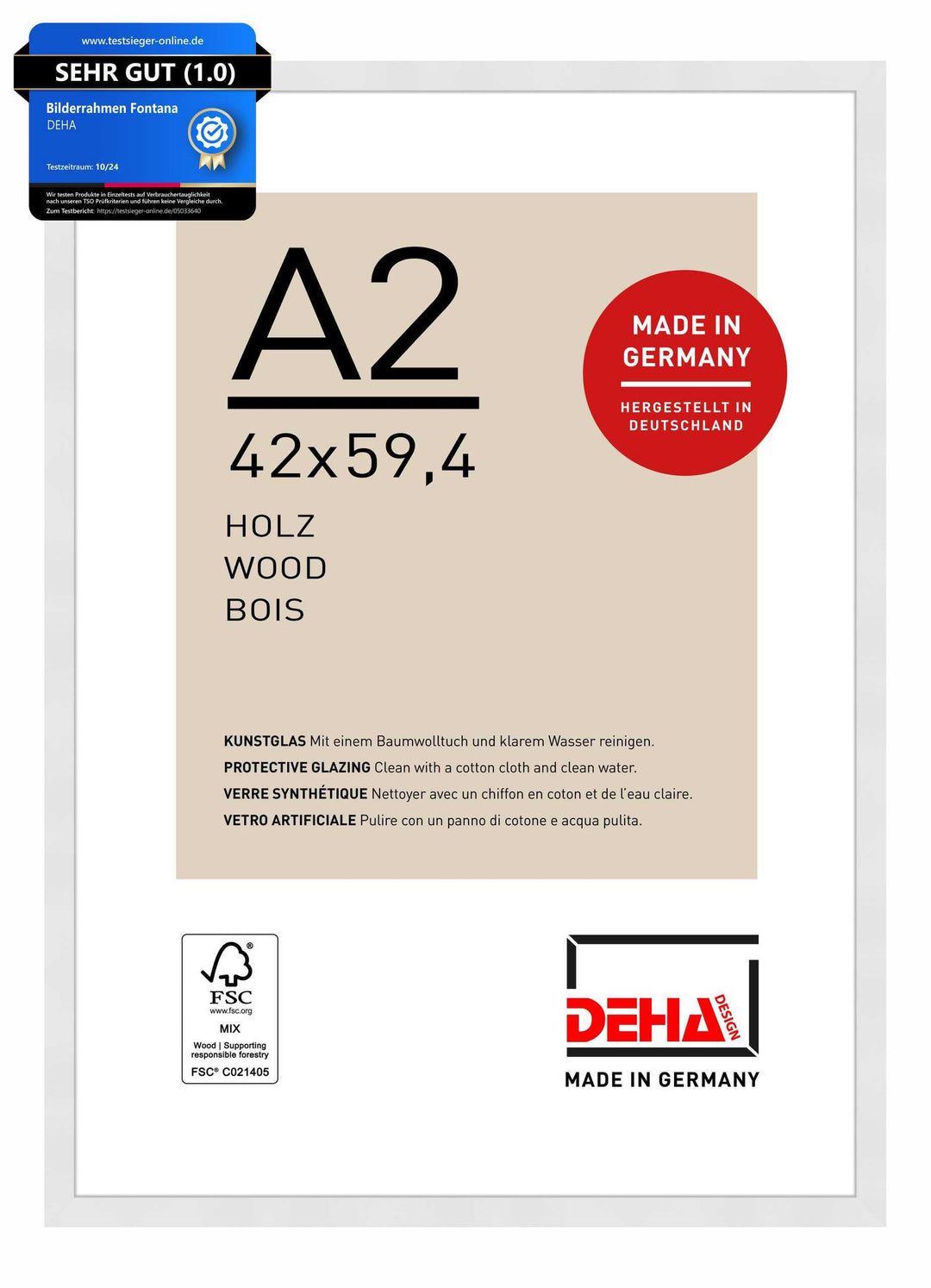 DEHA Design Bilderrahmen Fontana, A2 42x59,4 cm, Holz Weiss, bruchsicheres Acrylglas, für Poster und