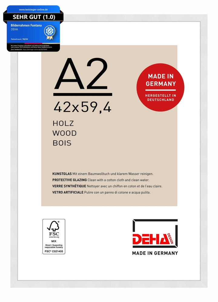 DEHA Design Bilderrahmen Fontana, A2 42x59,4 cm, Holz Weiss, bruchsicheres Acrylglas, für Poster und