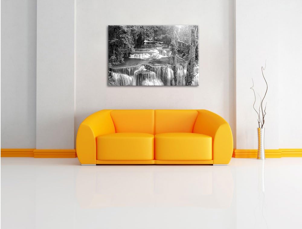 Pixxprint Wasserfall im Regenwald / 100x70cm Leinwandbild bespannt auf Holzrahmen/Wandbild Kunstdruc