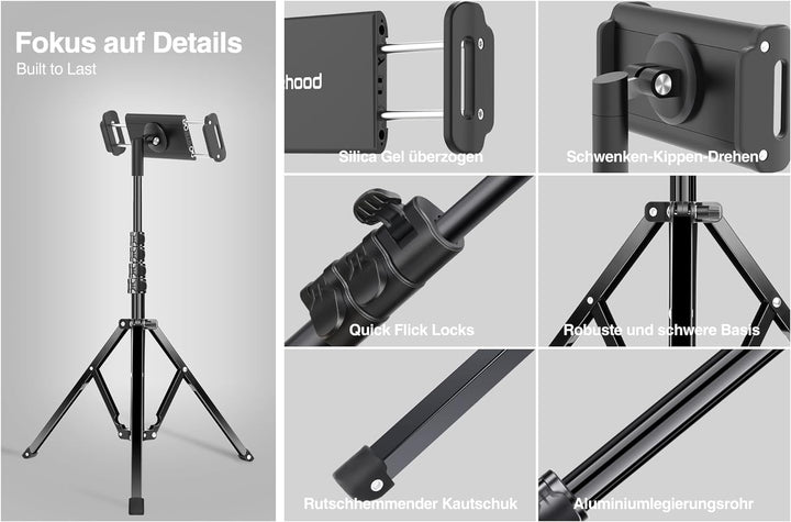 Elitehood Aluminium Tablet Stativ Halterung, iPad Ständer - Höhenverstellbar bis 65'' Halter Stativ