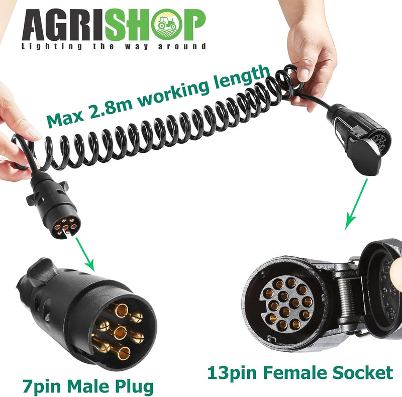 AGRISHOP Anhängerkabel Adapterkabel 7auf 13-polig 12v 2.8m,Anhänger Verlängerung Spiralkabel 7-13pol