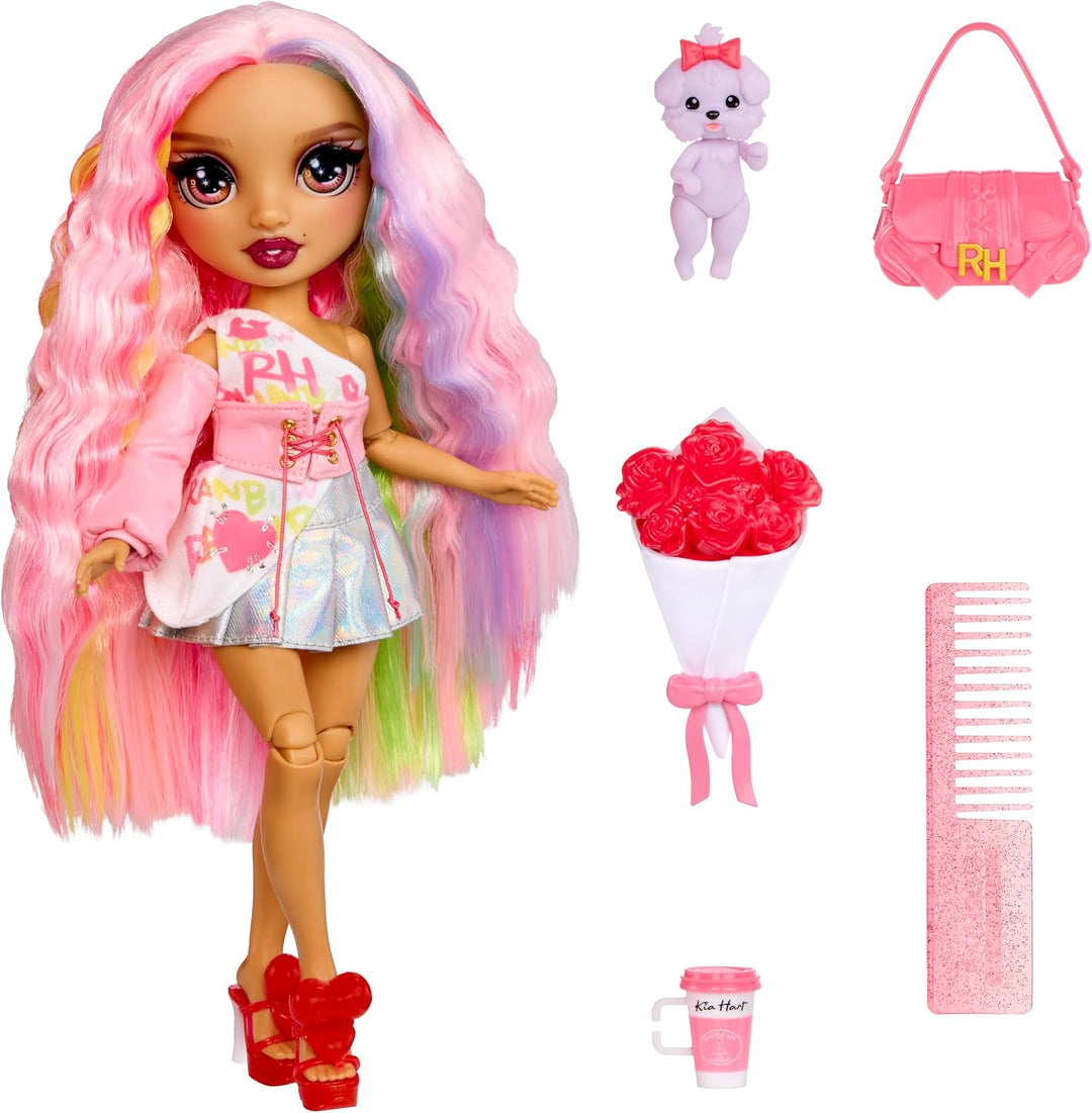 Rainbow High Pretty in Paris Modepuppe - Kia Hart - 28 cm grosse Modepuppe in Rosa mit Welpen, Handt