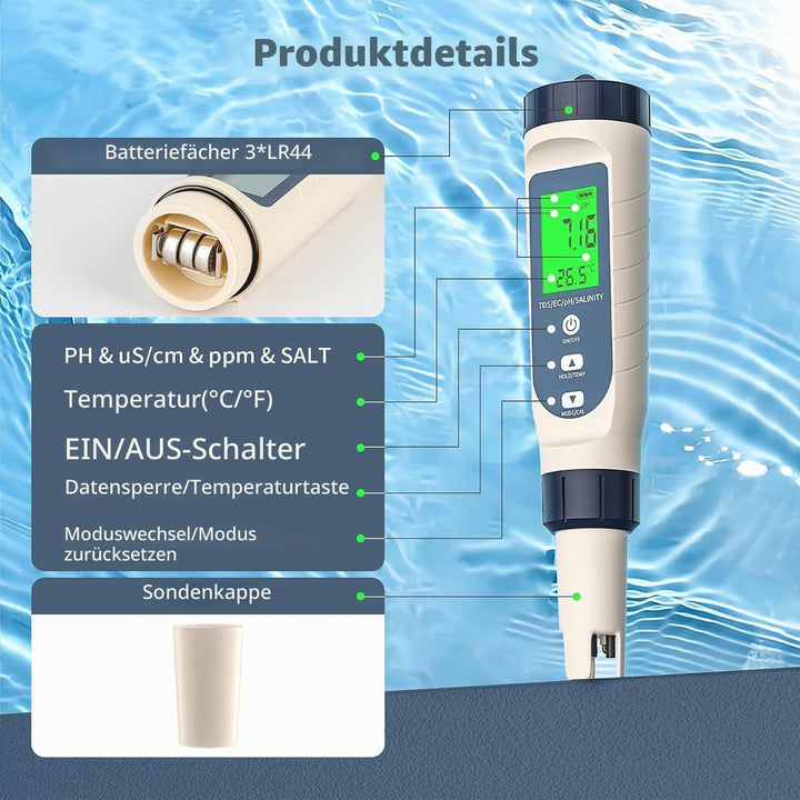 5 in 1 pH Messgerät Wasserqualität Tester – PH EC TDS Salzgehalt Temperatur Messgerät mit ATC, LCD H