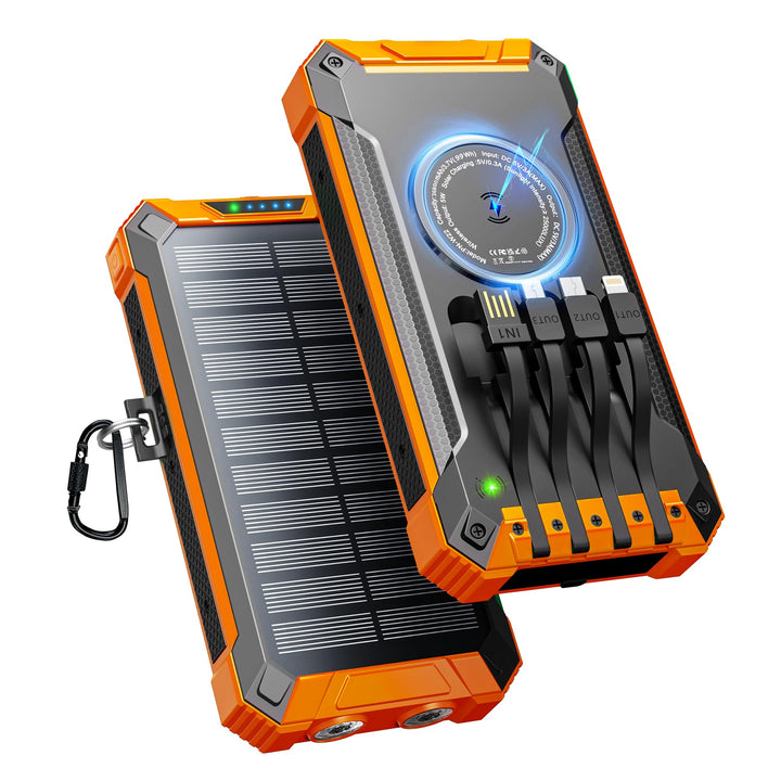 Solar Powerbank 26800mAh mit integrierten 4 Kabeln, Wireless Power Bank USB-C Ausgang/Eingang 15W Sc