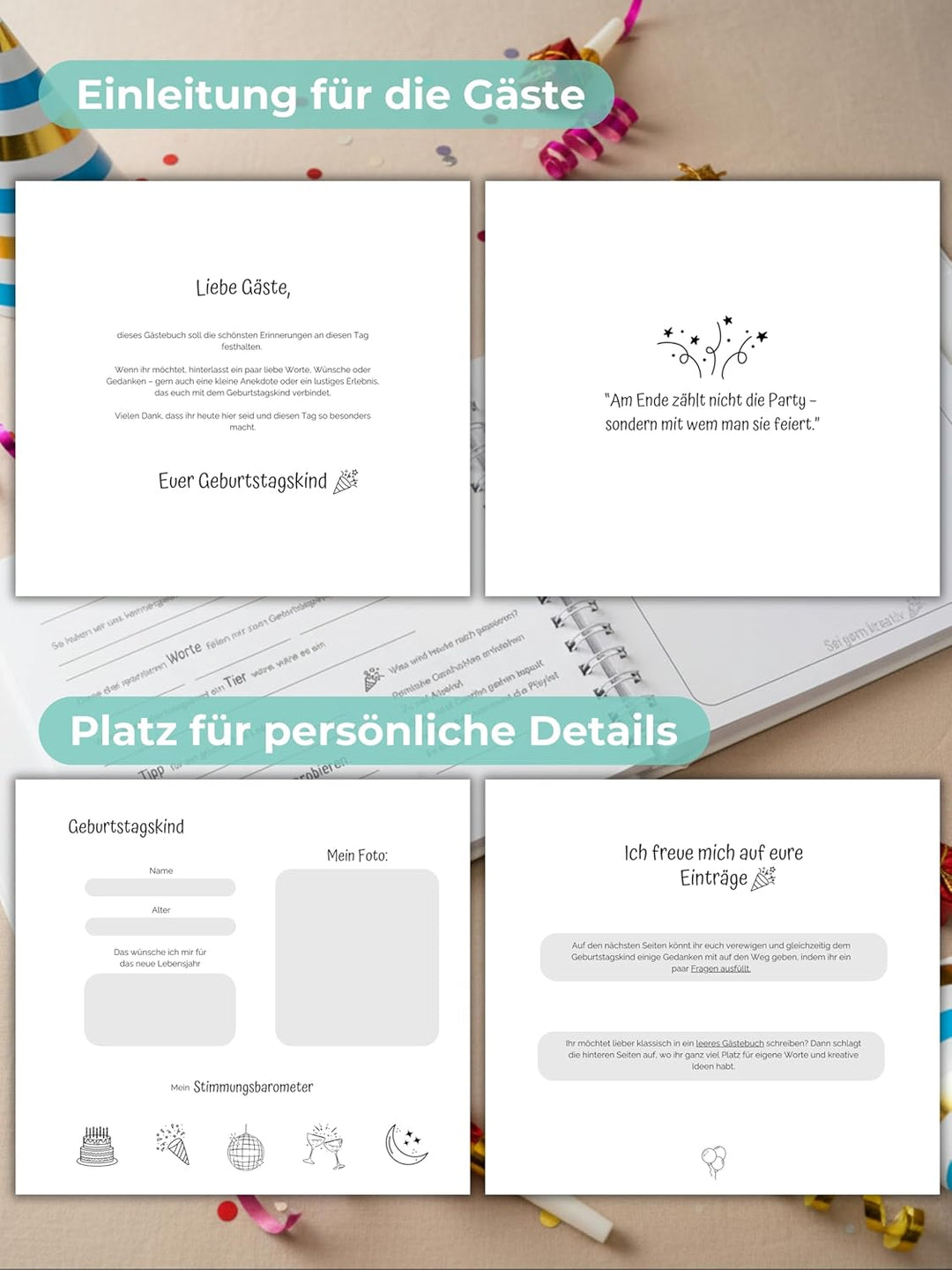 Gästebuch Geburtstag mit Fragen &amp; Blankoseiten zum Ausfüllen, Sticker, Weiss | für 18 30 40 50 60 70