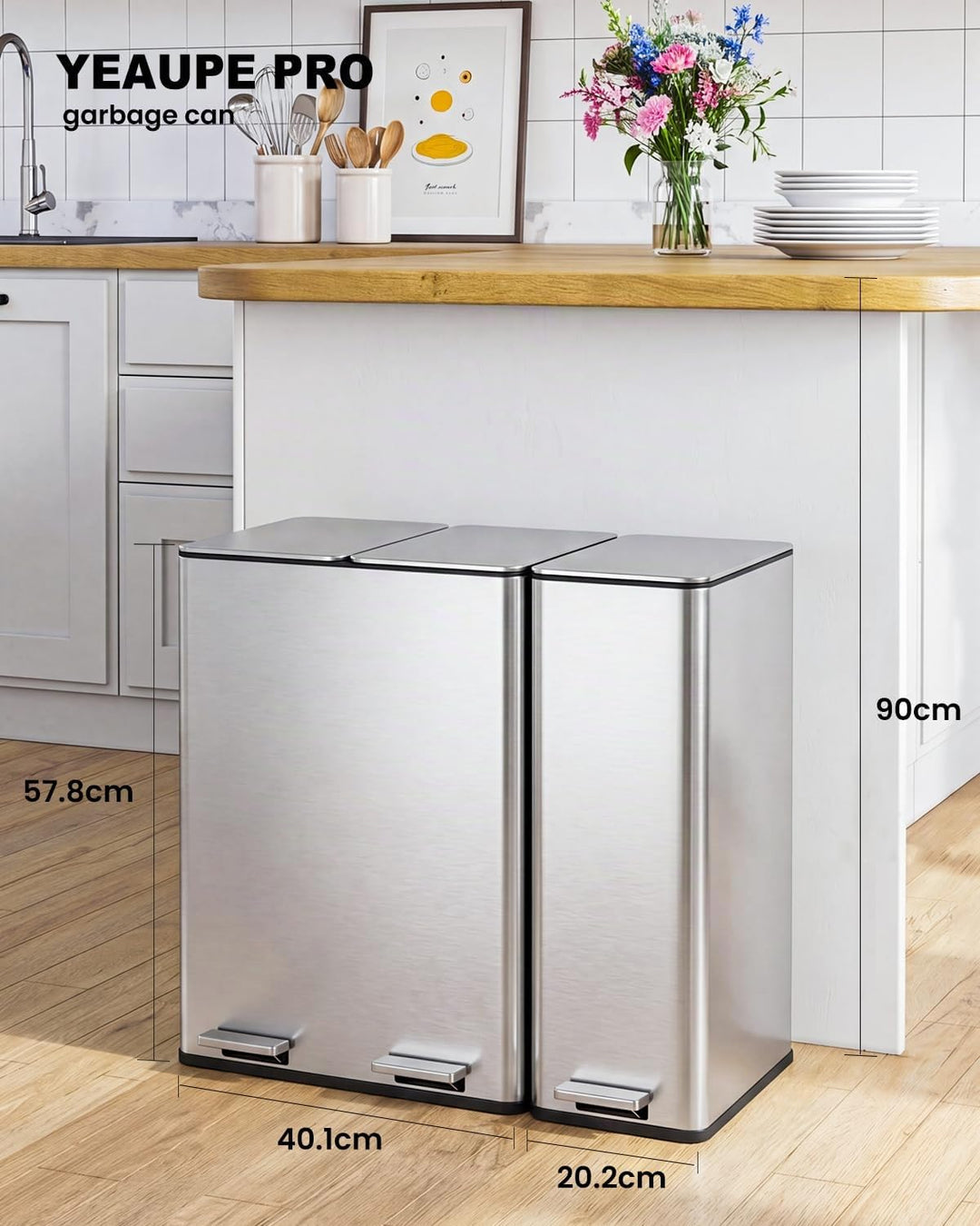 YEAUPE PRO Mülleimer Küche 60L (2x20L + 20L) 3 fächer Treteimer Edelstahl | Recycling Abfalleimer fü