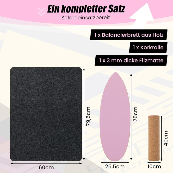 GYMAX Balance Board aus Holz, 15 mm BalanceBoard mit 10mm Korkrolle & rutschfeste Matte aus Filz, In