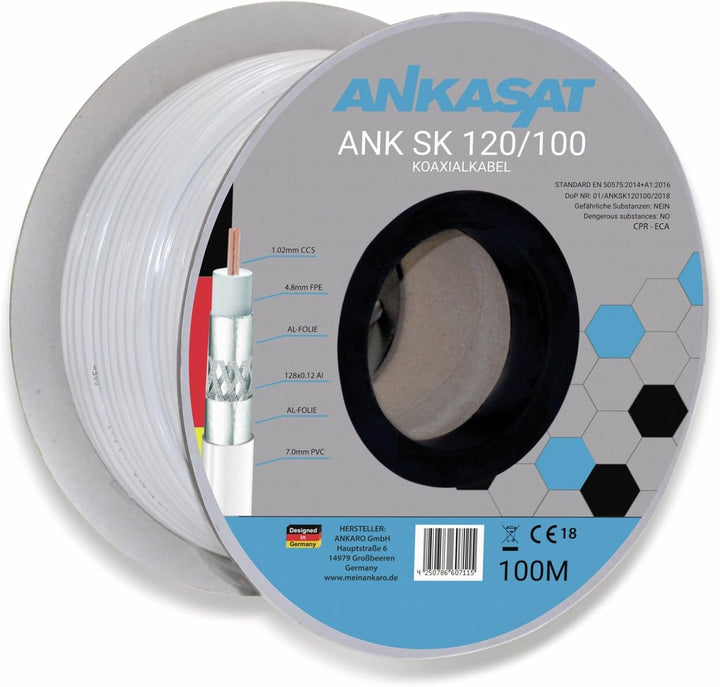 Ankasat SK 120dB - 100m CPR - 120 dB Koaxial Sat Kabel 3-Fach geschirmt 100 Meter Stahl-Kupfer Innen