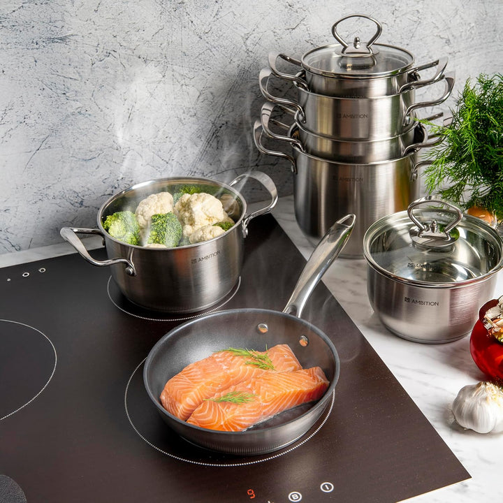 AMBITION Hoher Edelstahl Topf mit Glasdeckel 2,7 l Petite 16 cm Suppentopf Induktion alle Herdarten