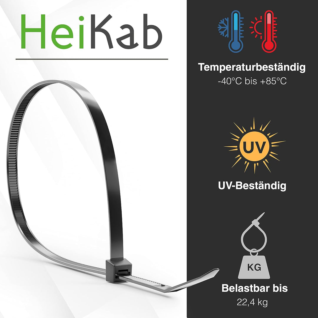 HeiKab 1000 Kabelbinder 200 x 4,8 mm - UV-Beständig - Mindestzugfestigkeit 220 N / 22,4 kg - Schwarz
