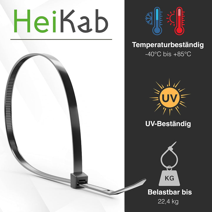 HeiKab 1000 Kabelbinder 200 x 4,8 mm - UV-Beständig - Mindestzugfestigkeit 220 N / 22,4 kg - Schwarz