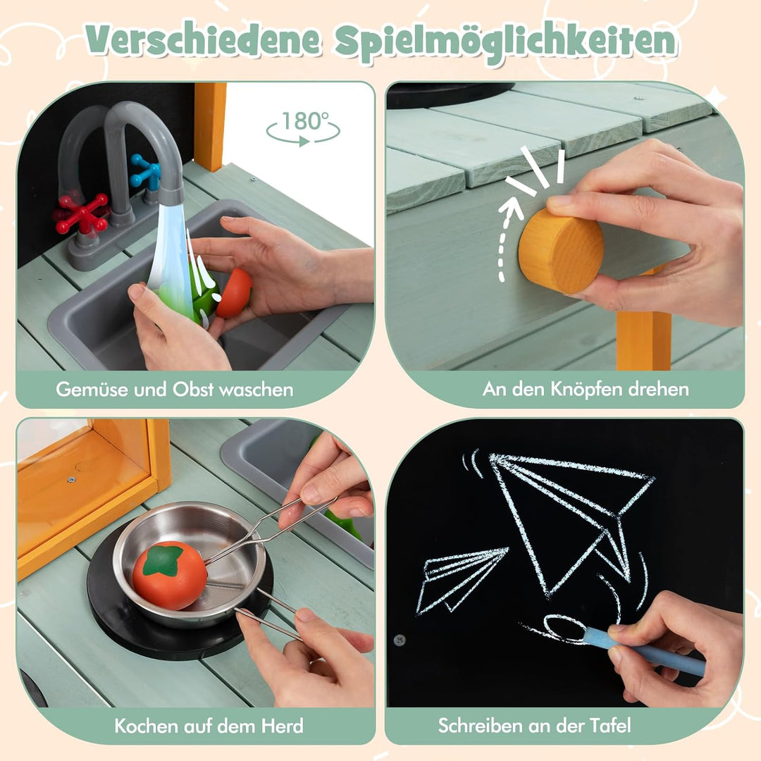 DREAMADE Matschküche Kinder Outdoor, Kinderküche Tannenholz, Spielküche mit Wasserhahn, Waschbecken,