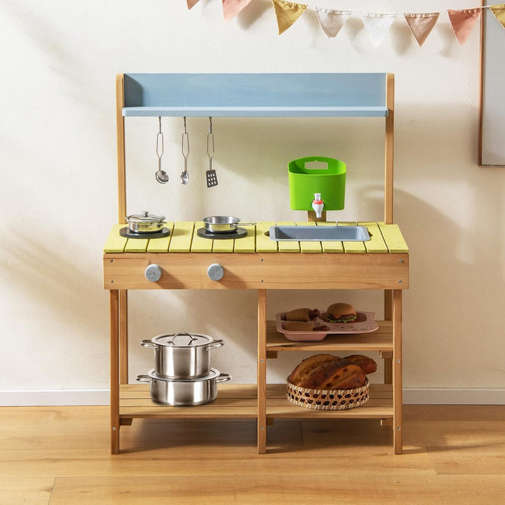 COSTWAY Matschküche Outdoor, Kinderküche Holz mit Wasserfunktion, Spielküche mit Haken & Abnehmbarem