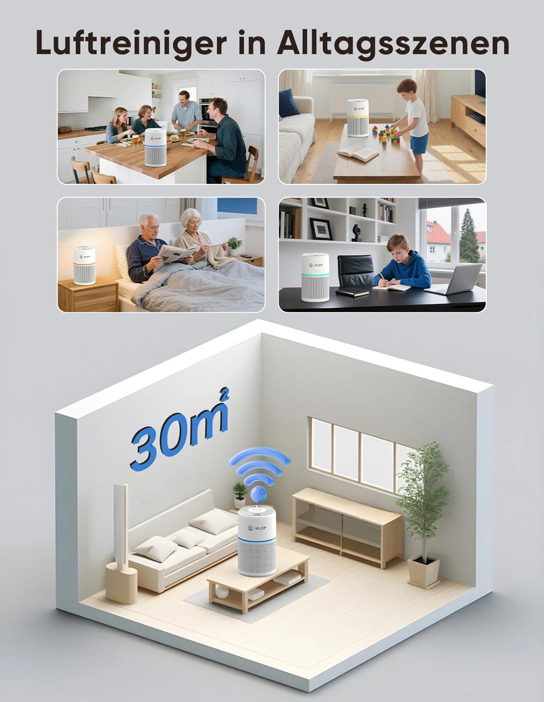 WiFi Smart Luftreiniger mit App & Alexa/Google Sprachsteuerung - 360° Luftstrom, H13 HEPA Filter (99