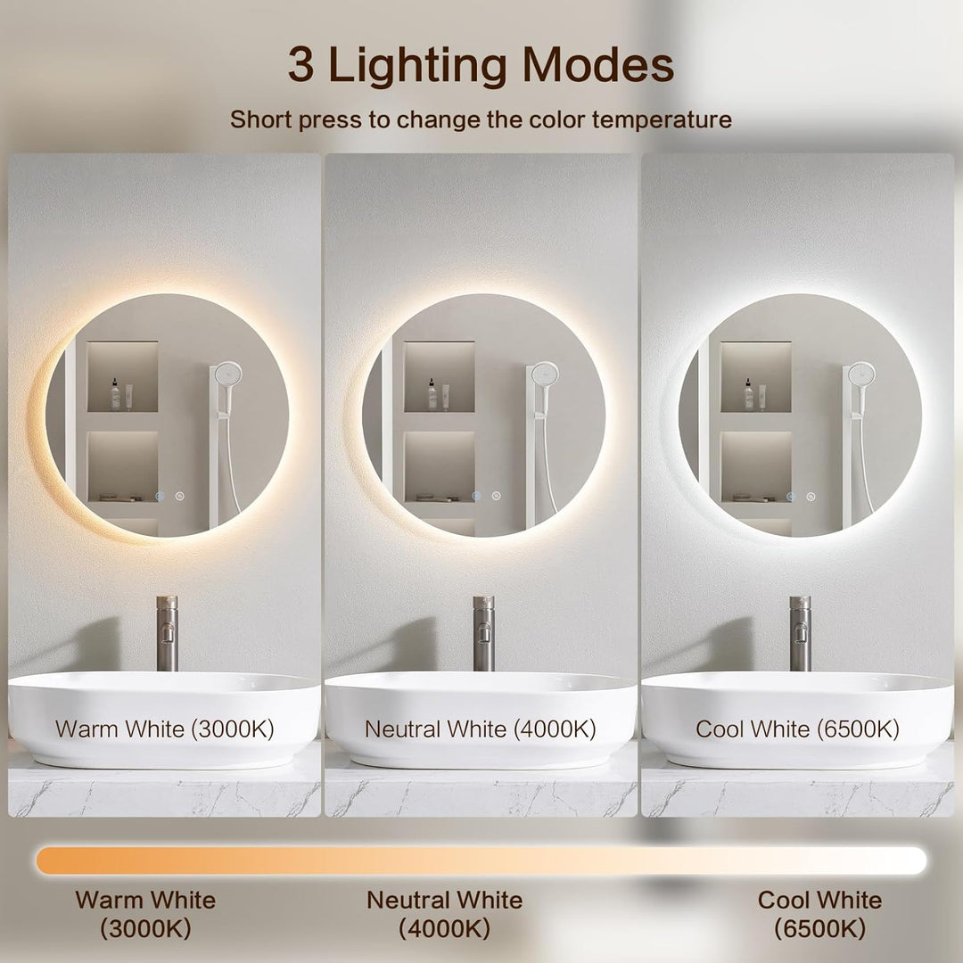 Badspiegel mit Beleuchtung Rund, Wandmontage, Touch-Schalter, LED Spiegel mit 3 Lichtfarben Dimmbar,