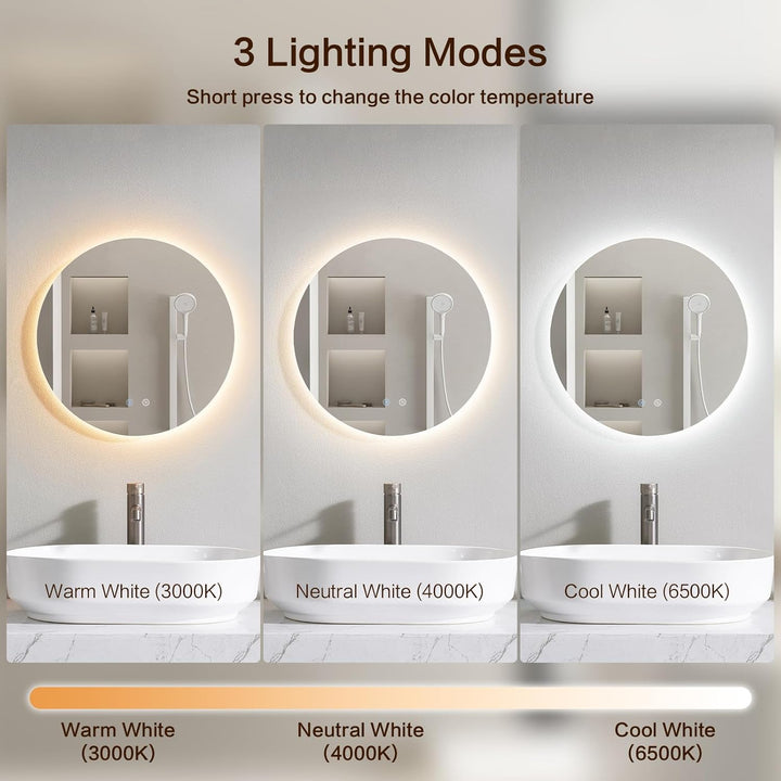 Badspiegel mit Beleuchtung Rund, Wandmontage, Touch-Schalter, LED Spiegel mit 3 Lichtfarben Dimmbar,