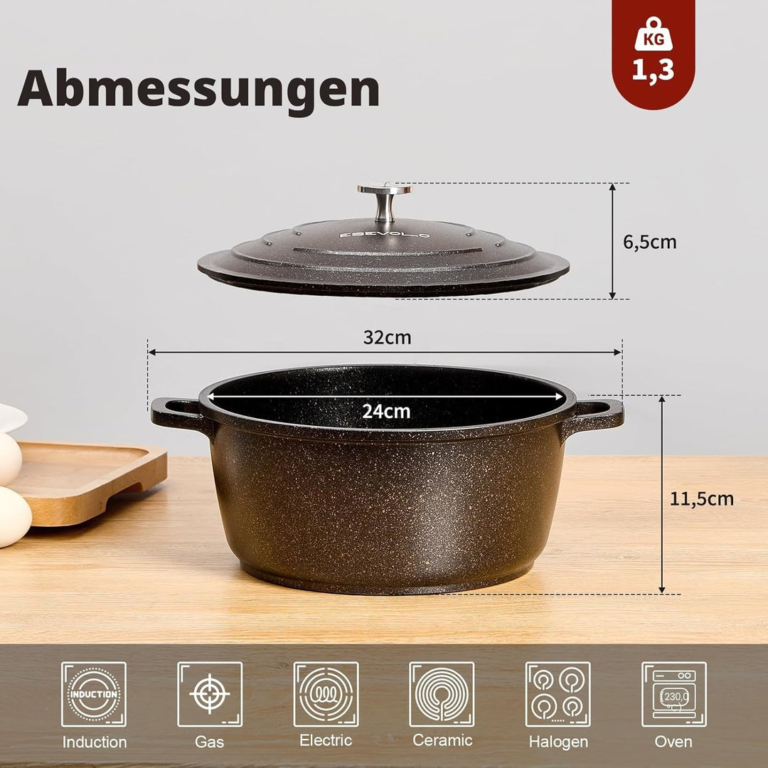 ESEVOLO Bräter mit Deckel Schmortopf Induktion 24 cm Brot Backen Dutch Oven Stil, leichter als Gusse