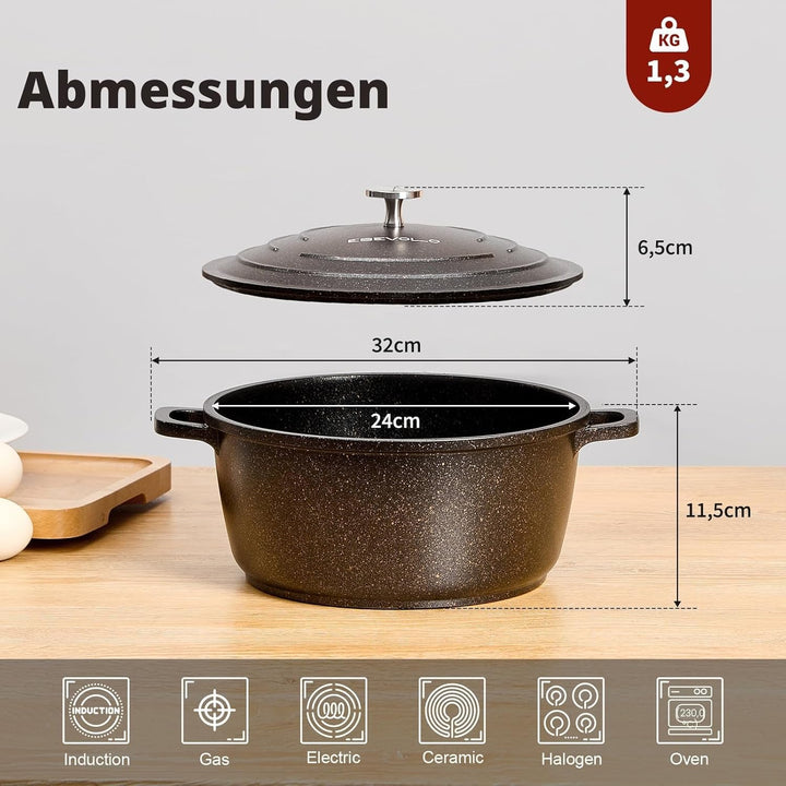 ESEVOLO Bräter mit Deckel Schmortopf Induktion 24 cm Brot Backen Dutch Oven Stil, leichter als Gusse