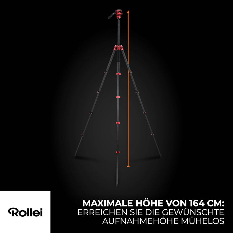 Rollei Easy Traveler Video Carbonstativ - 4,5 kg Tragkraft, 164 cm Höhe, Ultraleicht, Kompakt, Mühel