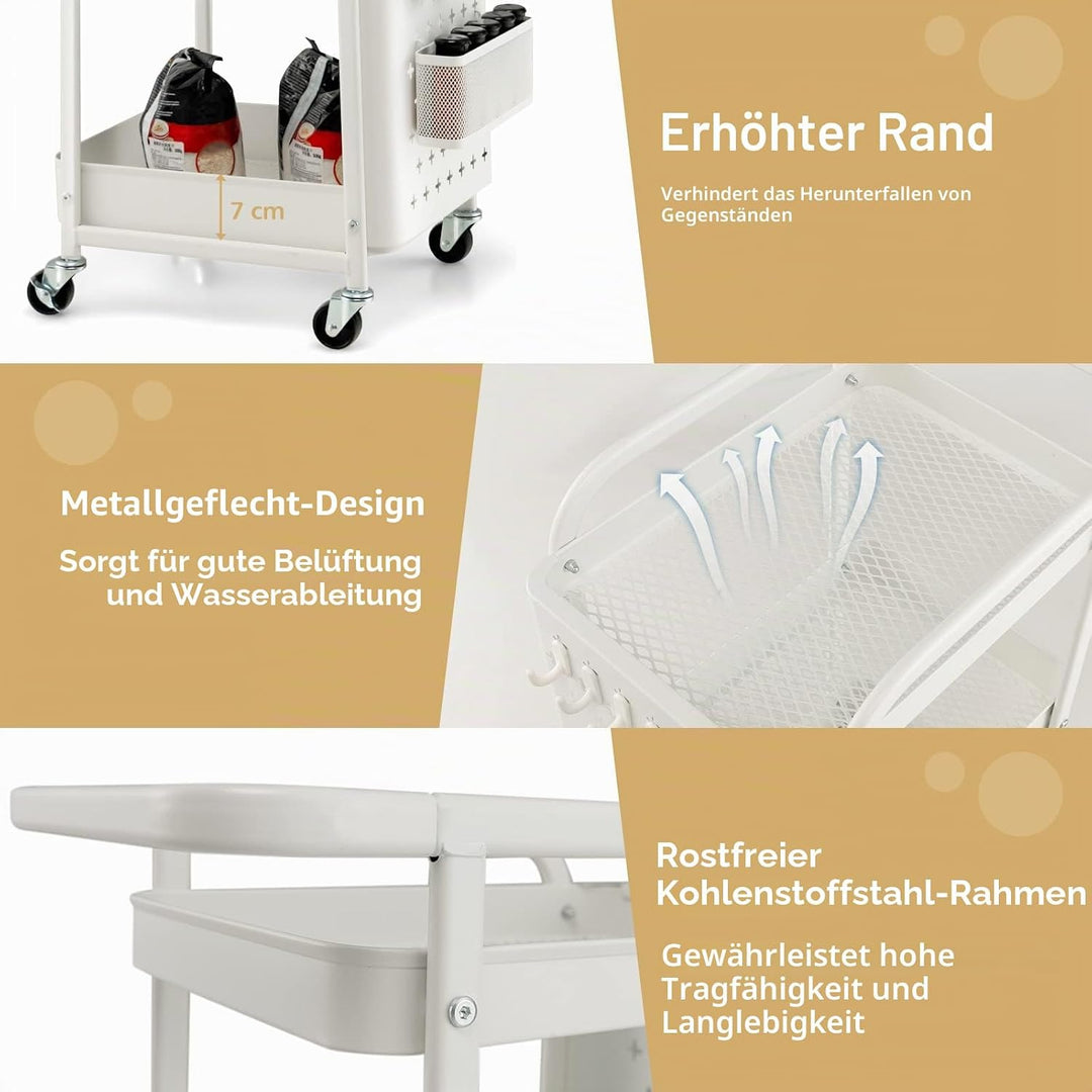 GOPLUS 3-stöckiger Rollwagen, Werkzeugwagen mit 2 Steckplatten, 2 Körben 4 abnehmbaren Haken, mobile