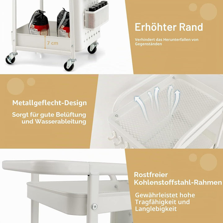 GOPLUS 3-stöckiger Rollwagen, Werkzeugwagen mit 2 Steckplatten, 2 Körben 4 abnehmbaren Haken, mobile