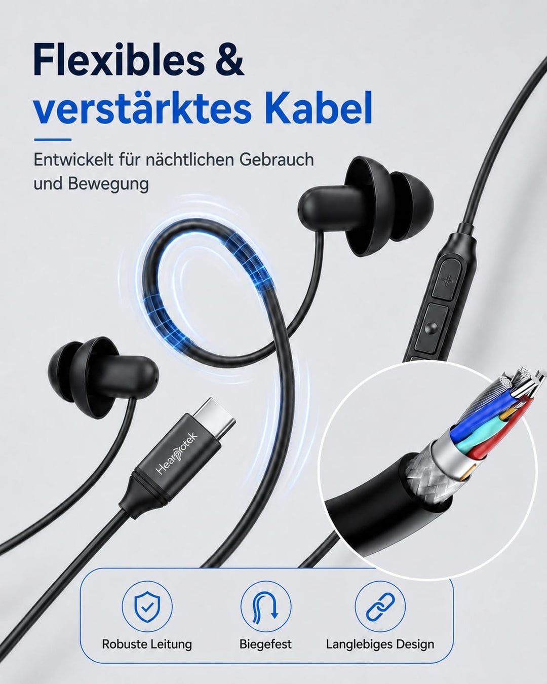 Hearprotek 2 Paar USB c-Schlaf-Ohrhörer, Kopfhörer mit Mikrofon-Silikon-Geräuschisolierung Typ c-Ohr