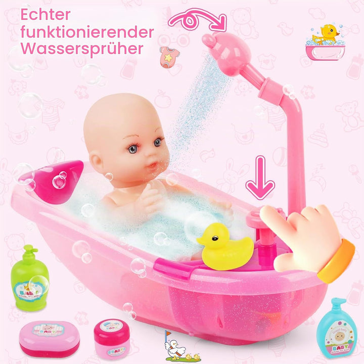 deAO Baby Puppe mit Badewanne und Zubehör, 30cm Badepuppe für Mädchen | mit Funktionierender Dusche