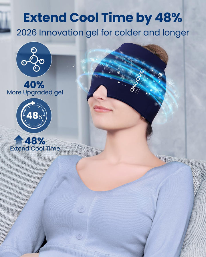 ONLYCARE Migräne Maske, Upgraded Kühlmaske Schlafmaske Kühlmütze Kühlhaube 360° Gel Surround kühlpad
