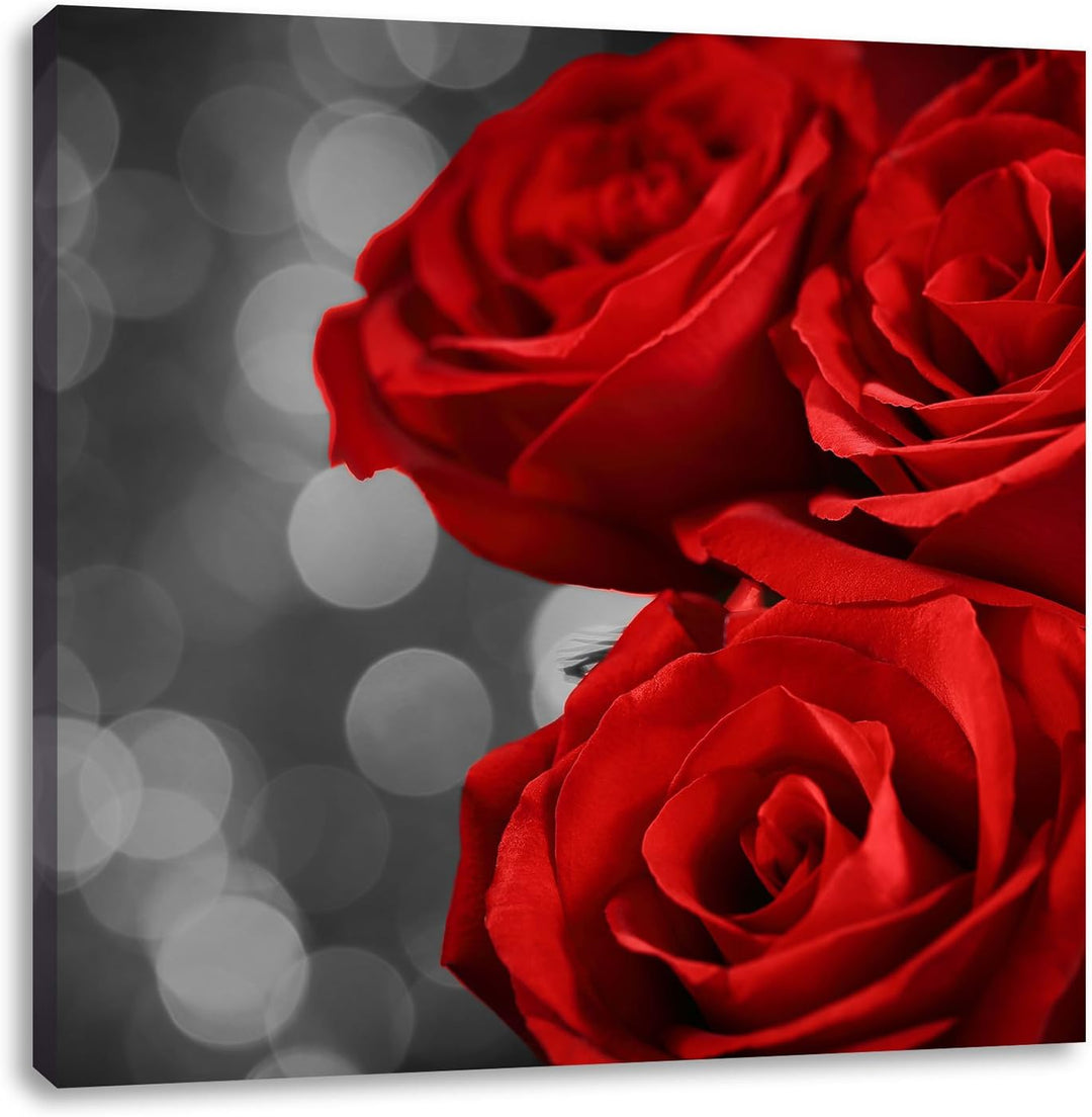 Pixxprint DREI rote Rosen / 70x70cm Leinwandbild bespannt auf Holzrahmen/Wandbild Kunstdruck Dekorat