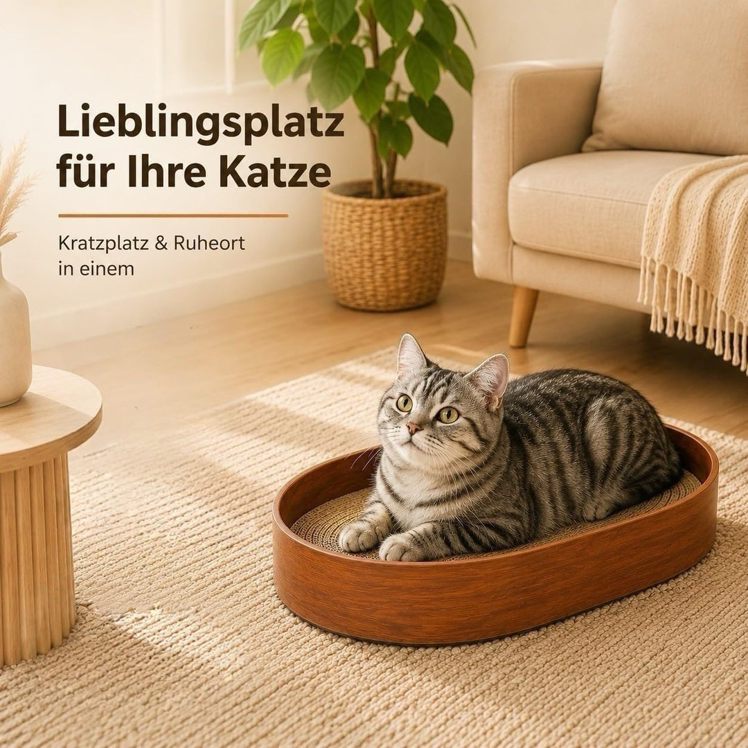 Kratzbrett Katze rund aus robuster Kratzpappe – Ovales Katzenkratzbett mit 3 austauschbaren, doppels