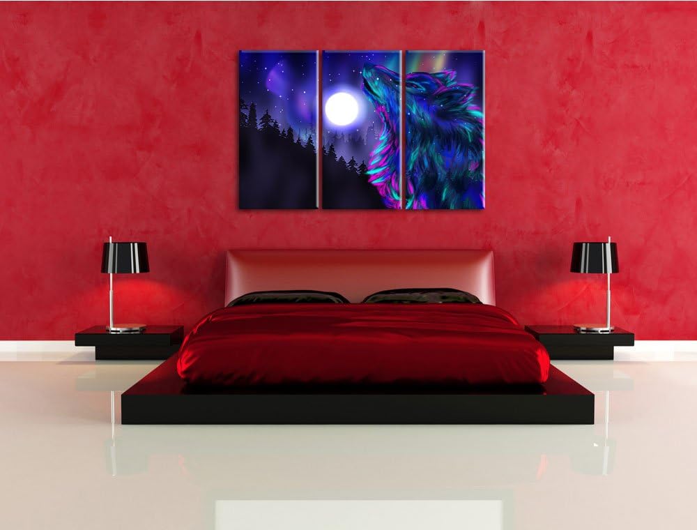 Abstrakter Wolf mit Mond als 3-Teiler Leinwandbild 120x80 Bild auf Leinwand, XXL riesige Bilder fert